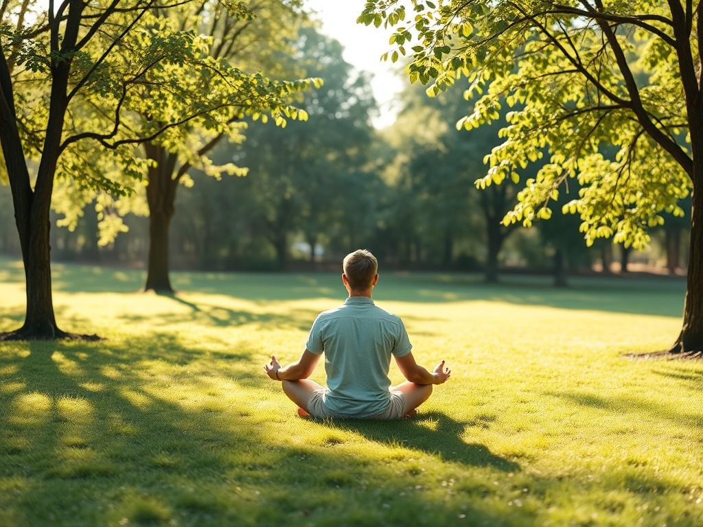 Create a realistic high-resolution photo of a serene outdoor setting for a mindfulness festival. The scene should depict a single person sitting cross-legged on a grassy area, surrounded by gentle trees and soft sunlight filtering through the leaves. The individual should be in a meditative pose, reflecting a sense of peace and tranquility. The background should be soft and inviting, creating a calm atmosphere that encourages mindfulness and self-reflection.