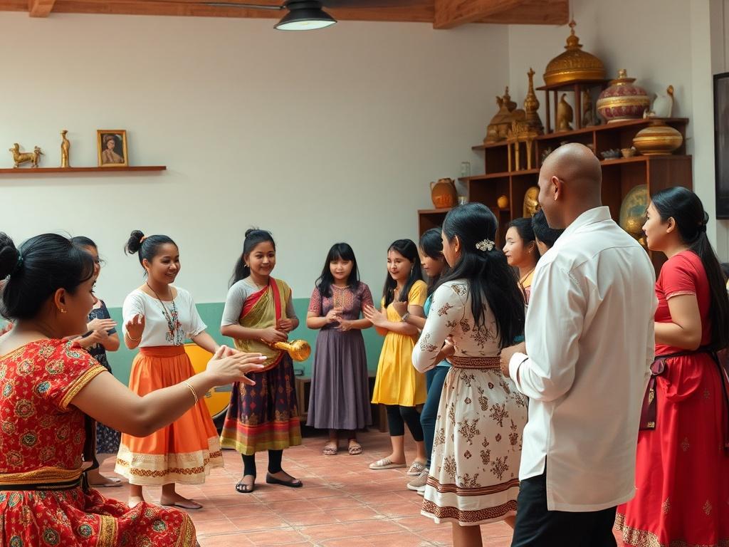 A diverse group of students engaged in a cultural exchange