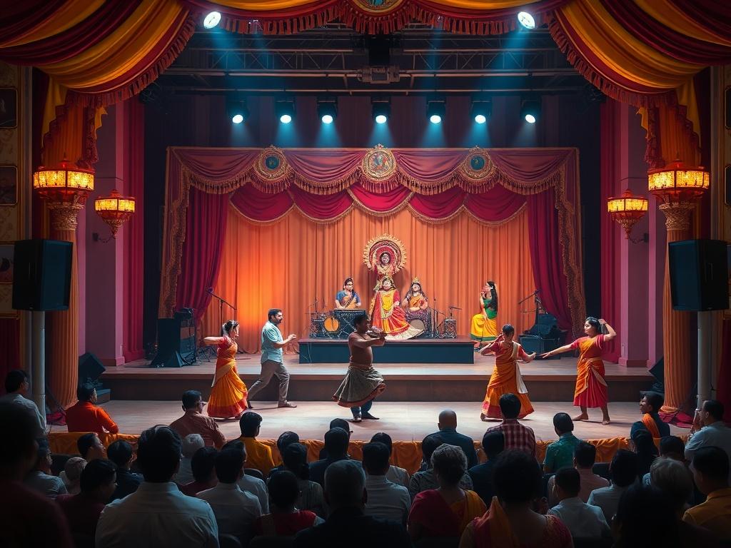A vibrant performance stage set for an Indian classical dance
