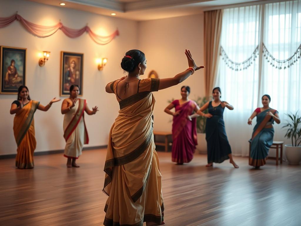 A serene dance workshop setting with students practicing Indian classical
