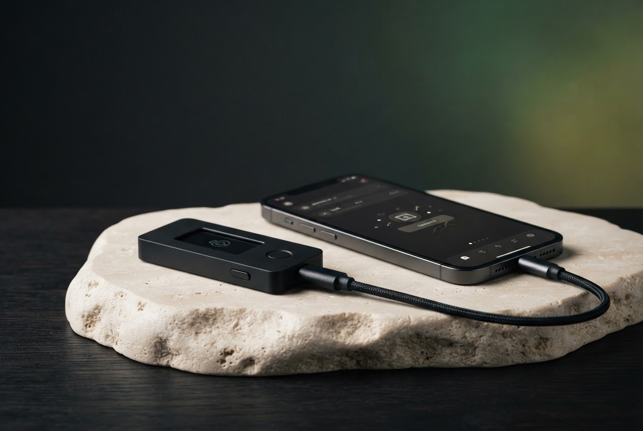 A hardware wallet and smartphone arranged on a sculptural stone plinth