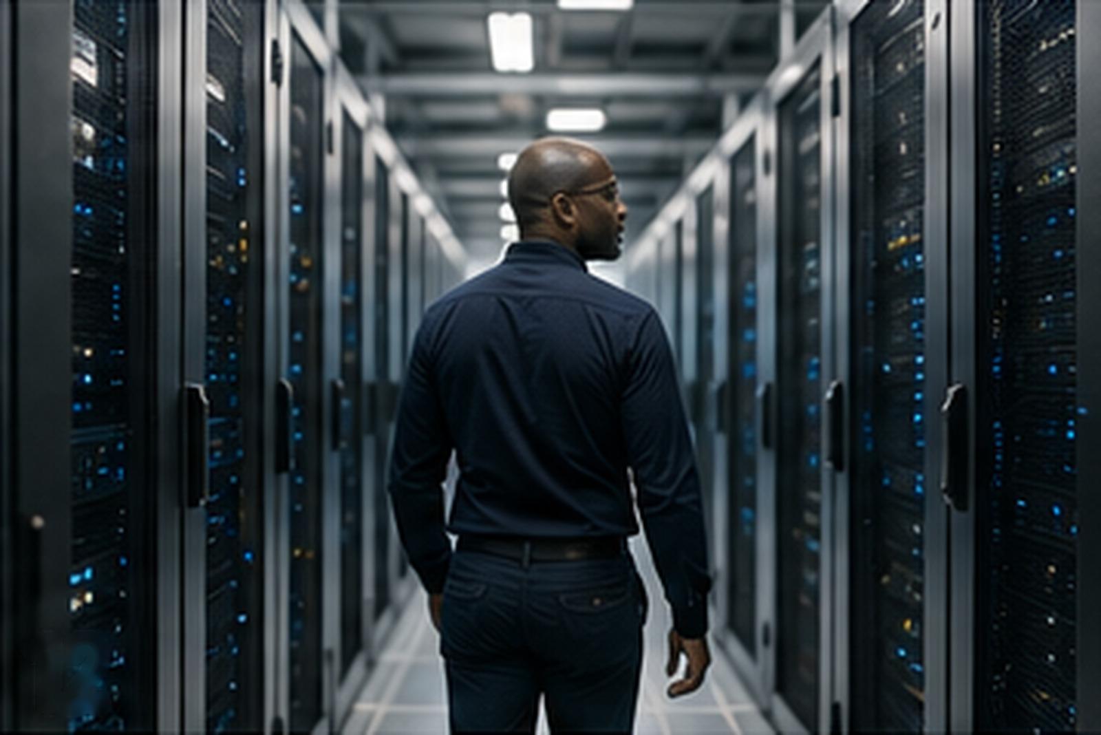 A technician walking a data center aisle between rows of server racks