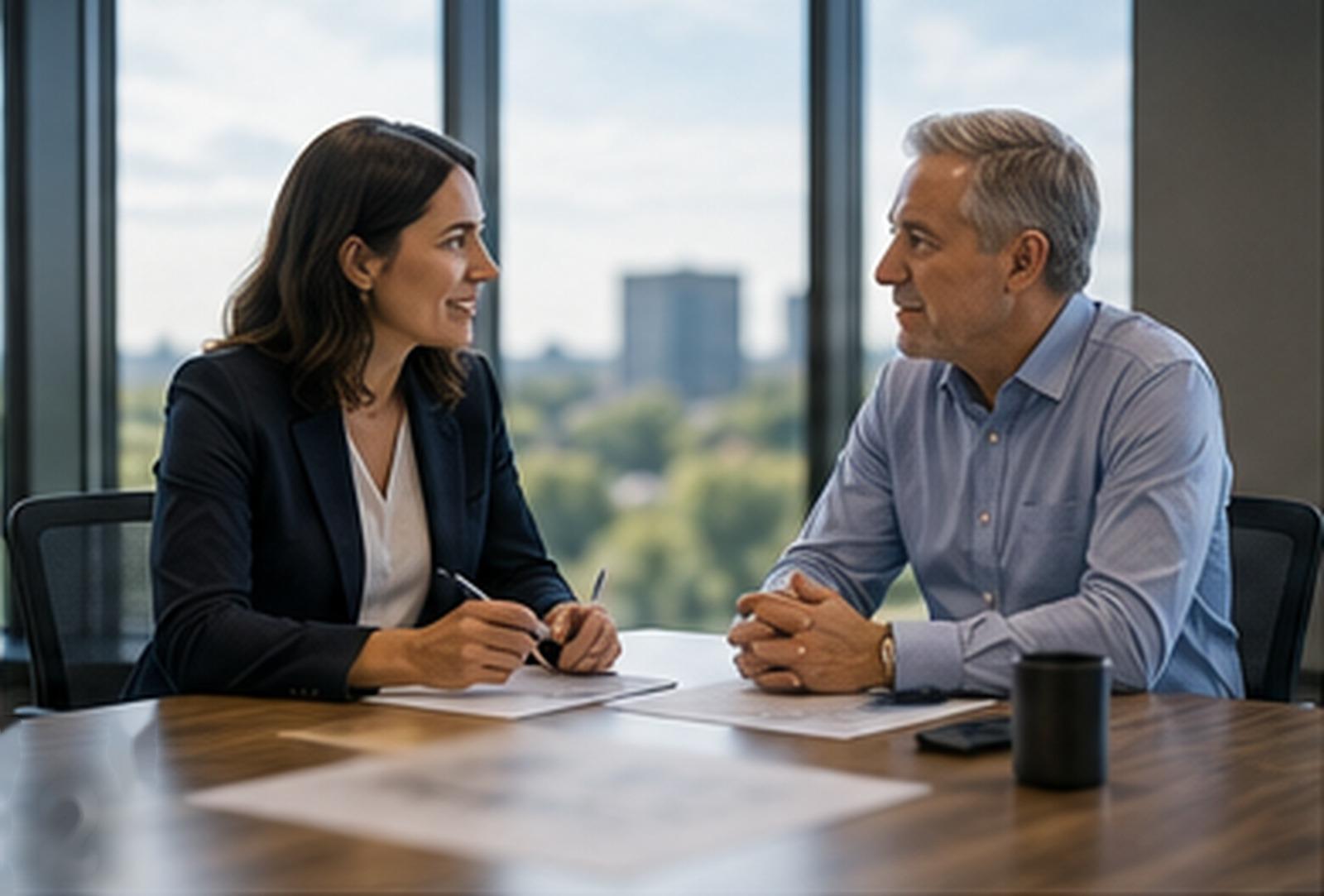 A technology advisor and business client reviewing plans together at a conference table