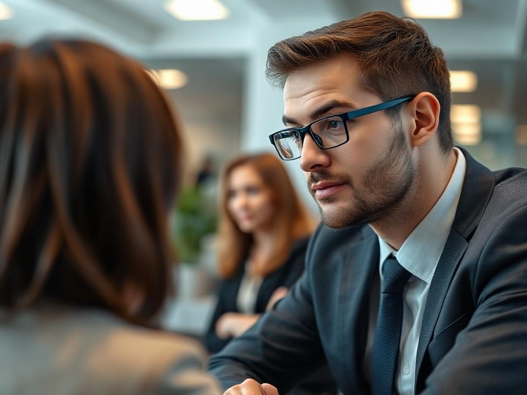 A hyper-realistic close-up shot of a professional network consultant engaged in a discussion with a client. The consultant is wearing a smart business attire, showcasing confidence and expertise. The background is a modern office environment with soft lighting, emphasizing a collaborative atmosphere. The focus is on the consultant's expression and the interaction, capturing the essence of professionalism and partnership.