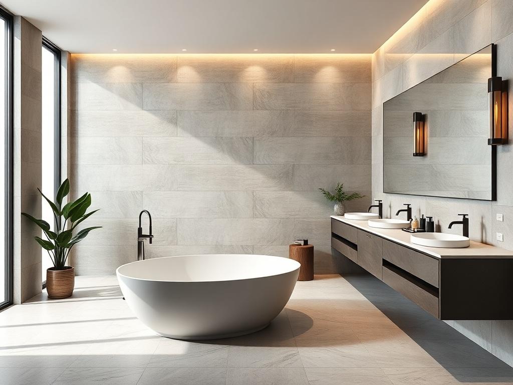 A sleek, modern bathroom showcasing a stunning renovation. The image features a spacious layout with a contemporary freestanding bathtub, elegant vanity with dual sinks, and stylish fixtures. The walls are adorned with large, textured tiles in a calming color palette. Soft ambient lighting illuminates the space, creating a serene atmosphere. A large mirror reflects the design elements, and a potted plant adds a touch of nature to the scene. The composition emphasizes luxury and functionality, appealing to h