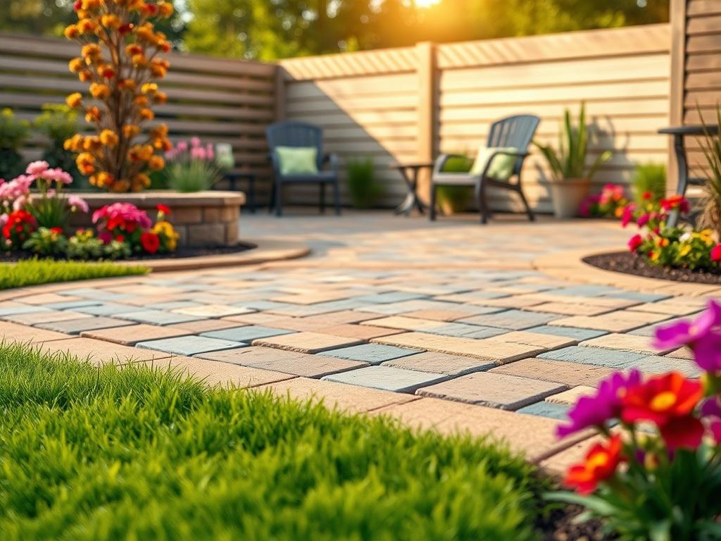 A beautifully designed interlock patio featuring a mix of stone colors and patterns. The patio should be surrounded by lush green grass and colorful flower beds. In the background, there should be a cozy outdoor seating area with comfortable chairs and a small table. The sun casts a warm glow over the scene, enhancing the textures of the stones and the vibrant colors of the flowers. The composition should be focused and inviting, showcasing the patio as a perfect outdoor living space.