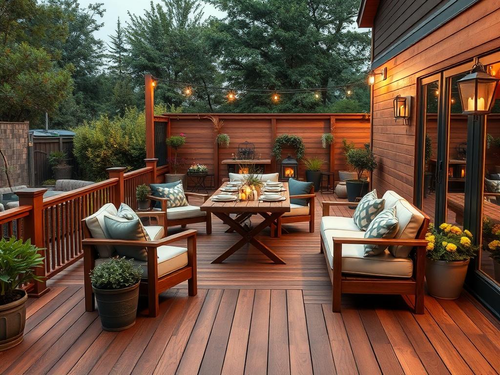 A stunning wooden deck, elegantly designed with comfortable seating and