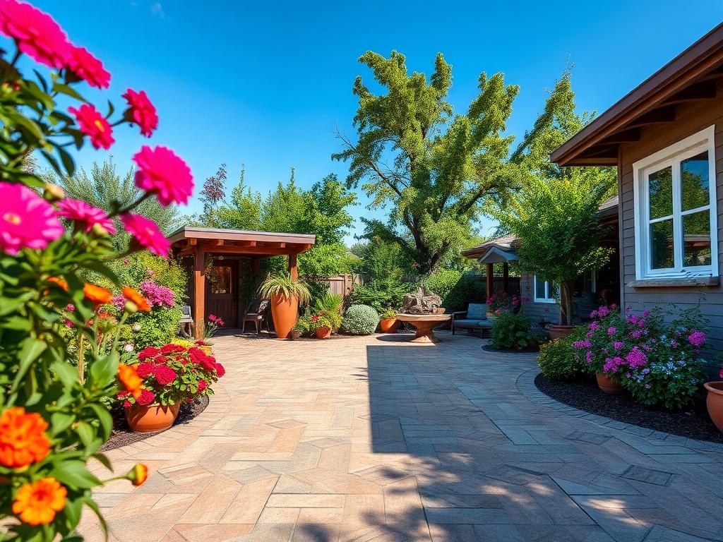 A beautifully designed interlock patio, featuring intricate patterns and textures,