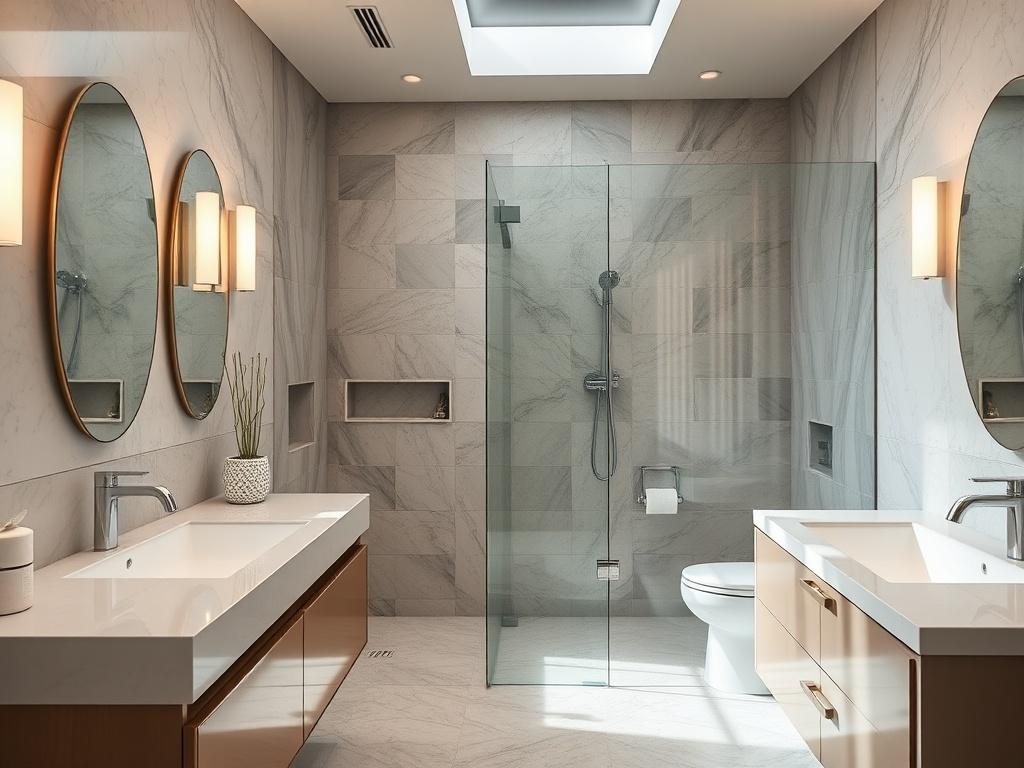 A modern, beautifully renovated bathroom showcasing elegant fixtures, a spacious