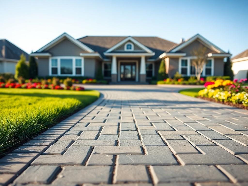A realistic high-resolution photo of a newly constructed driveway made of interlock stones, featuring clean lines and a modern design. The driveway is bordered by lush green grass and colorful flowers, with a clear blue sky in the background. The photo should be a close-up shot captured with a 45mm f/1.2 lens, focusing on the texture of the stones and the vibrant colors of the landscaping.