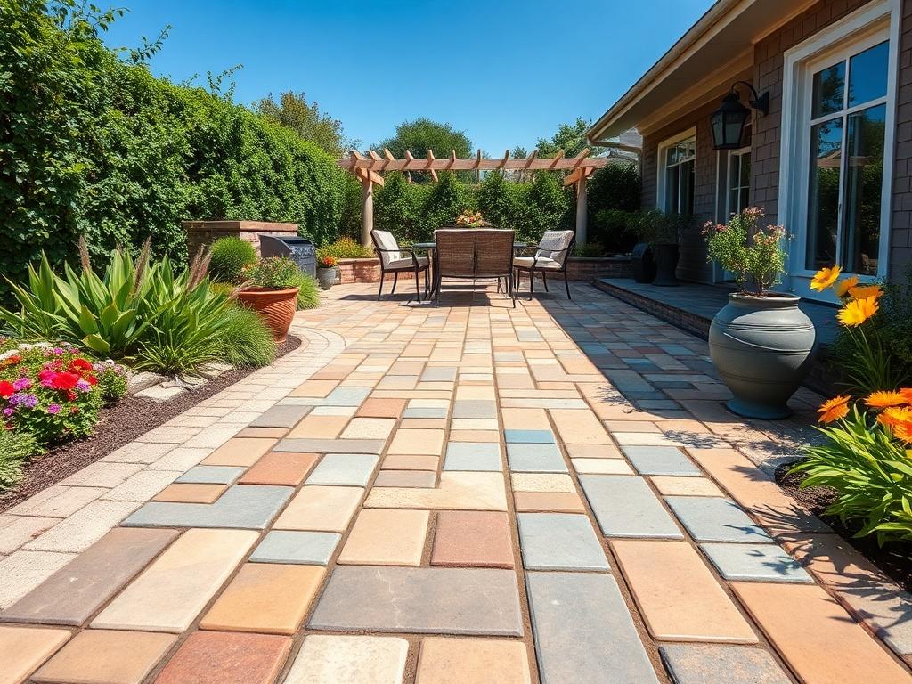 A beautifully designed interlock patio featuring various colored stones, surrounded by lush green plants and flowers. The patio has a dining area with stylish outdoor furniture, set against a clear blue sky. The composition showcases the craftsmanship of the interlock work, focusing on the intricate patterns of the stones. The scene is bright and inviting, emphasizing the outdoor living space's potential for gatherings and relaxation.