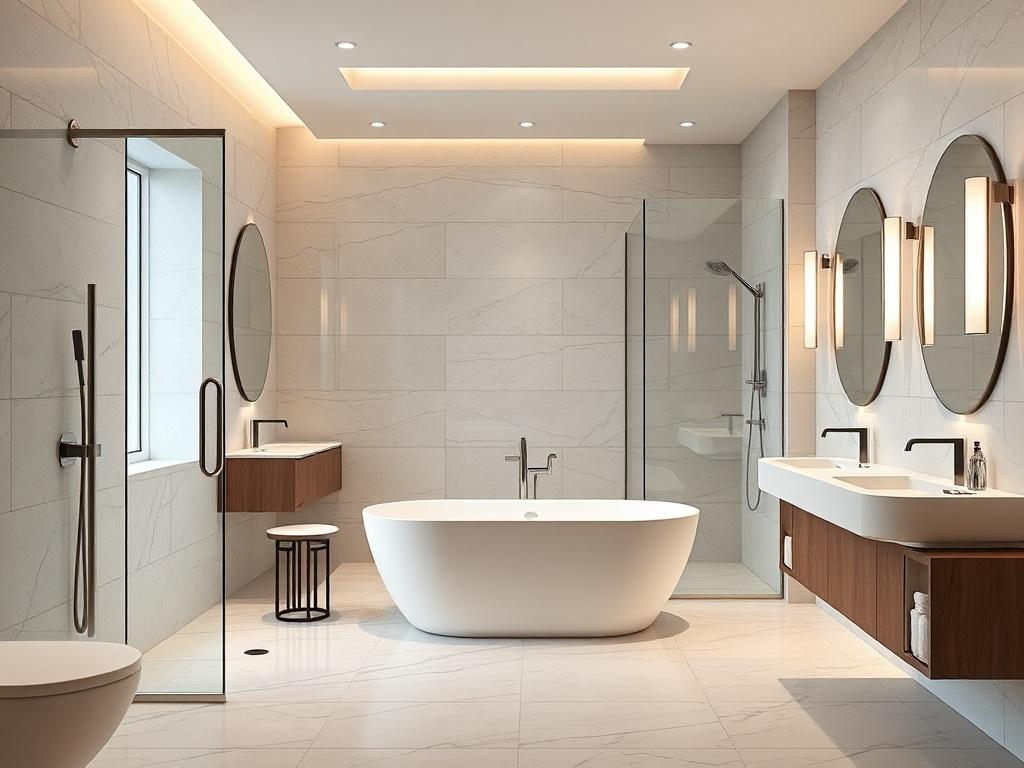 A contemporary bathroom renovation featuring sleek fixtures and a spacious layout. The design includes a freestanding bathtub, walk-in shower with glass doors, and elegant tile work on the walls and floor. The lighting is soft and inviting, creating a relaxing ambiance. The composition focuses on the quality of materials and finishes, showcasing how a well-executed renovation can transform a bathroom into a luxurious retreat.
