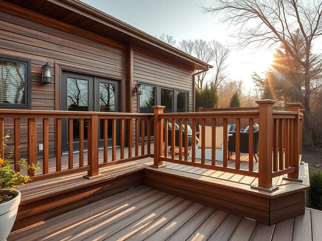 A stunning wooden deck built on the back of a house, showcasing the craftsmanship and attention to detail. The deck features a railing with decorative elements and a cozy seating area with modern outdoor furniture. The background includes trees and a serene garden, creating a peaceful atmosphere. The sun casts a warm glow on the deck, highlighting the natural wood finish and the beauty of outdoor living spaces.