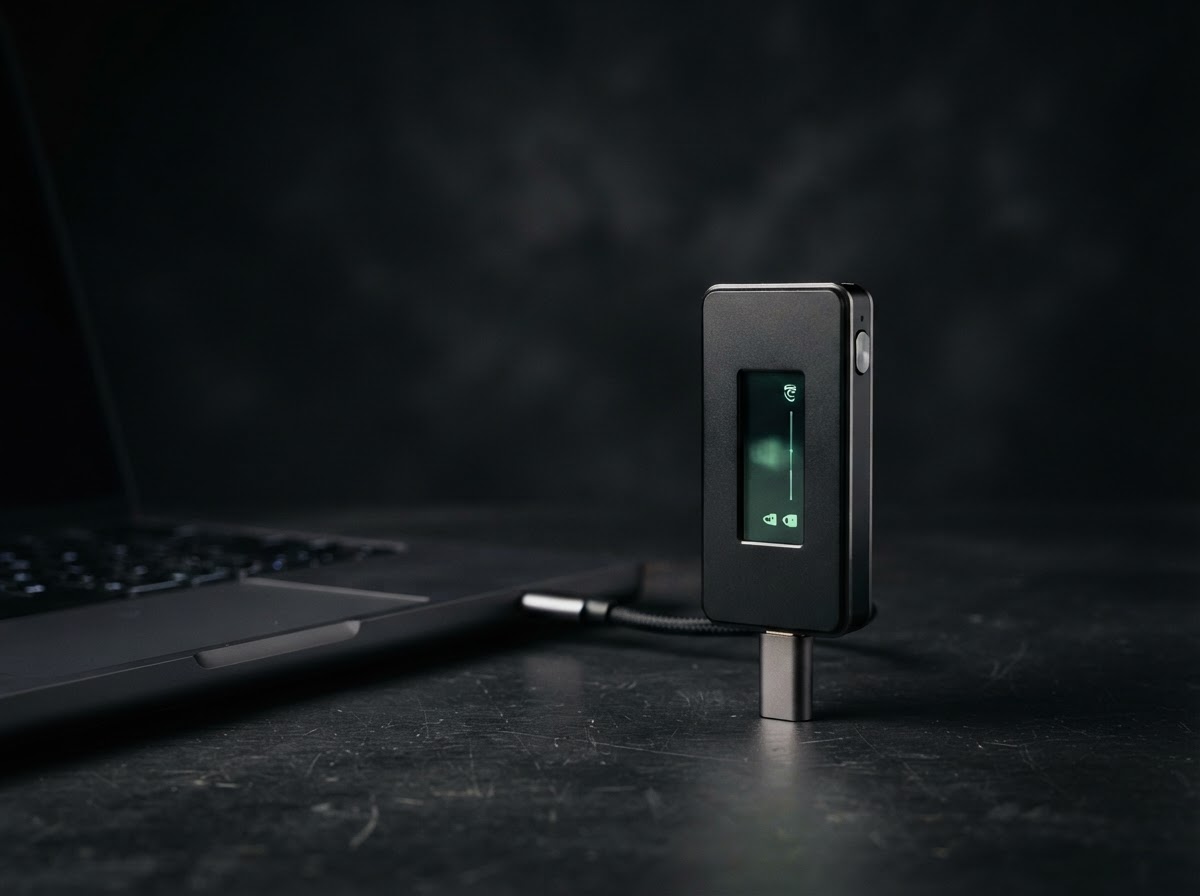 A compact hardware wallet displayed beside a computer in a dark studio setting