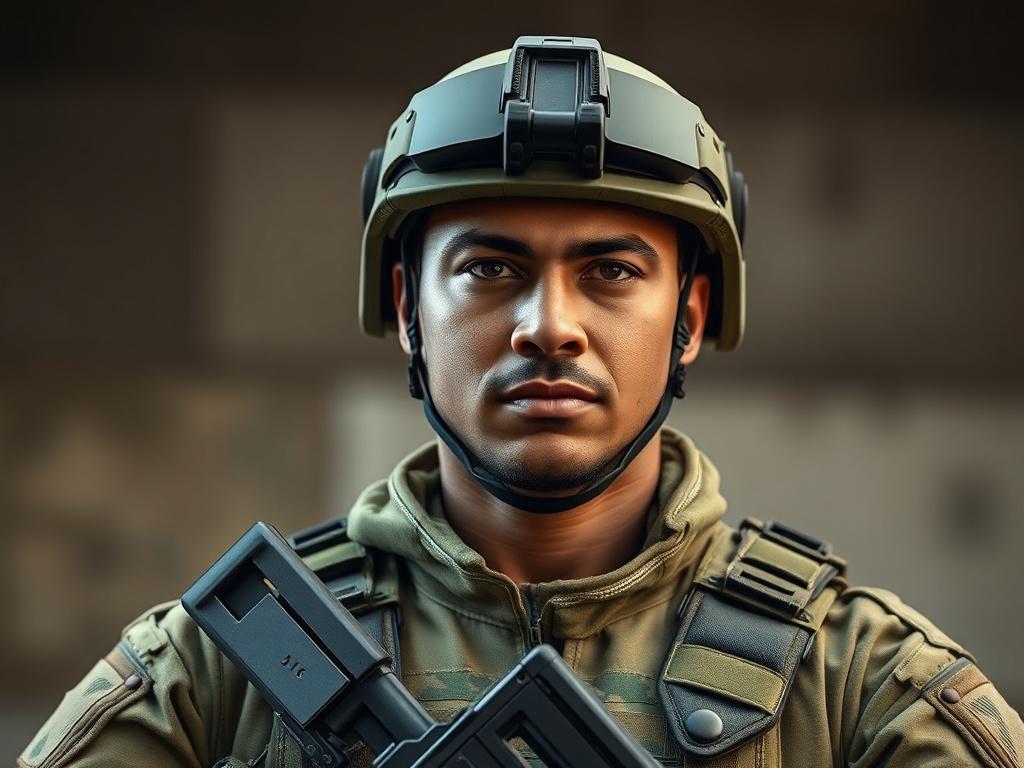 A close-up shot of a military professional in tactical gear, exuding confidence and authority, set against a blurred background that suggests a training environment. The image focuses on the individual's facial expression and posture, highlighting determination and readiness. The lighting is dramatic, emphasizing the details of the tactical attire. The color scheme incorporates rich tones, compatible with rgb(155, 2, 2). The image captures the essence of discipline and expertise, ideal for a consulting firm with a military aesthetic.