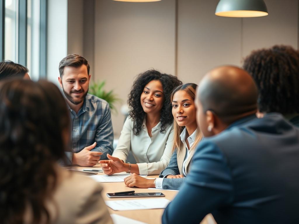A diverse group of professionals in a collaborative workshop setting, actively discussing diversity management strategies. The scene captures their engagement and interaction, showcasing a variety of ethnicities and backgrounds. The workshop's environment is contemporary and inviting, promoting a sense of teamwork and inclusivity. The background is clean and non-distracting, focusing on the participants and their interaction.
