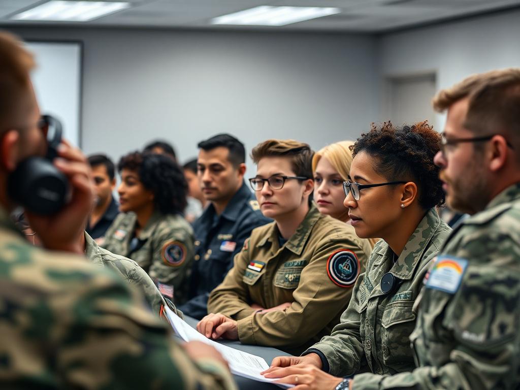 A close-up shot of a diverse group of professionals engaged in a safety training session, focused on a safety presentation. The scene is set in a modern training room with high-resolution details, ensuring clarity. The participants exhibit various expressions of attentiveness and engagement. The background is simple and uncluttered, emphasizing the training materials and the instructor, while maintaining a military aesthetic in color and style.