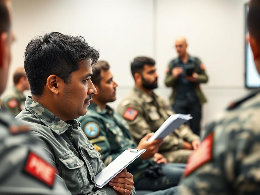 A focused individual attending an antiterrorism awareness seminar, taking notes while a military instructor presents vital information. The setting is a well-lit, professional training environment with military-themed decor. The instructor is depicted in the foreground, and attention is drawn to the details of their presentation materials. The background remains simple to highlight the learning atmosphere.