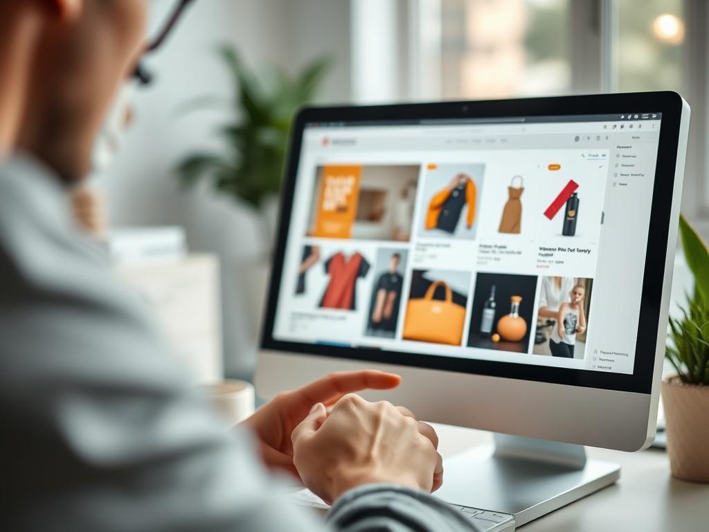 A close-up shot of a person adding products to an online store on a computer, with product images and descriptions visible on the screen. The setting is bright and inviting, with a focus on the screen that showcases the vibrant primary color of rgb(50, 170, 39).