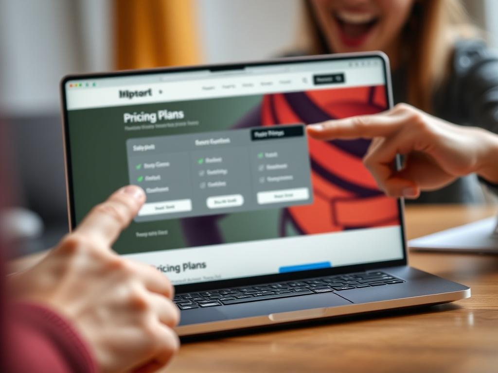 A close-up shot of a laptop displaying pricing plans on a website, with a person pointing at the screen, showcasing excitement. The background is softly blurred, emphasizing the laptop and the vibrant primary color of rgb(50, 170, 39).