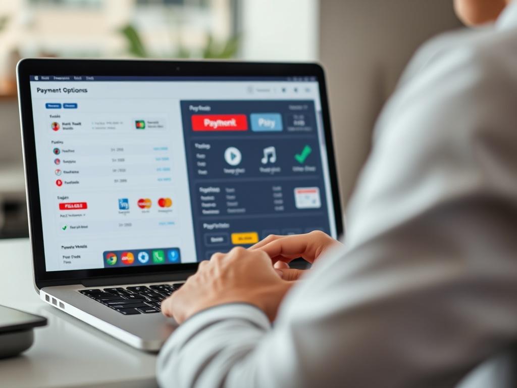 A close-up shot of a person reviewing payment options on a laptop. The screen displays various payment methods, with vibrant buttons and icons. The atmosphere is professional and focused, with the primary color of rgb(50, 170, 39) subtly integrated into the workspace.