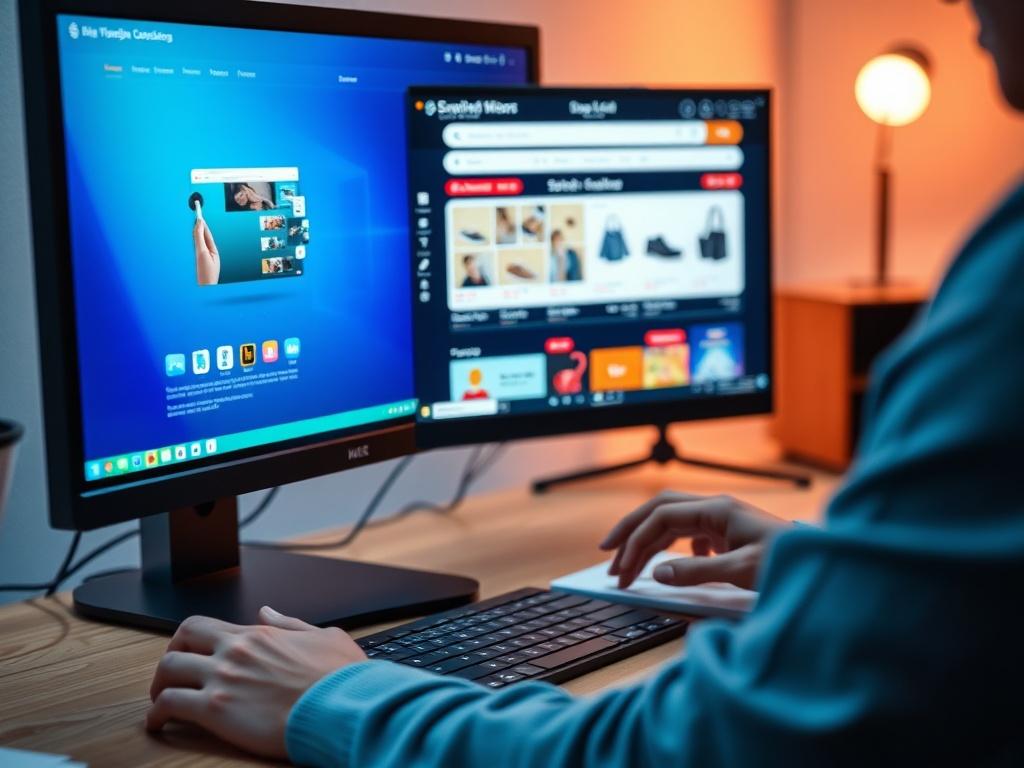 A close-up shot of a designer working on a computer, customizing an online store template. The screen shows a vibrant design interface, with elements being adjusted. The primary color of rgb(50, 170, 39) is featured in the background, enhancing the creative atmosphere.