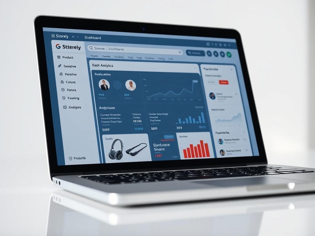 A close-up shot of a laptop with the Storely Ecommerce dashboard displayed, featuring product listings and analytics. The background is simple and clean, emphasizing the laptop. The lighting is bright and inviting, creating a professional atmosphere. The image should be hyper-realistic, shot with a 45mm f/1.2 lens.