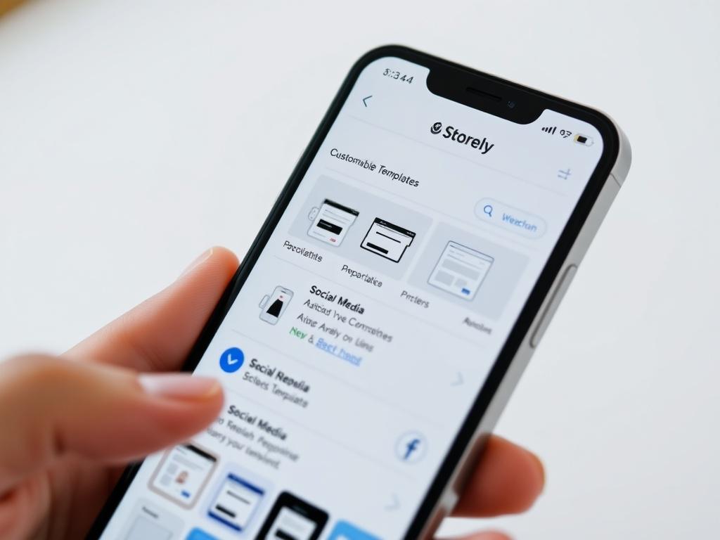 A close-up shot of a smartphone showing the Storely Ecommerce app interface, with various customizable templates and social media integration options displayed. The background is minimalistic, focusing on the smartphone. The image should look hyper-realistic, taken with a 45mm f/1.2 lens.