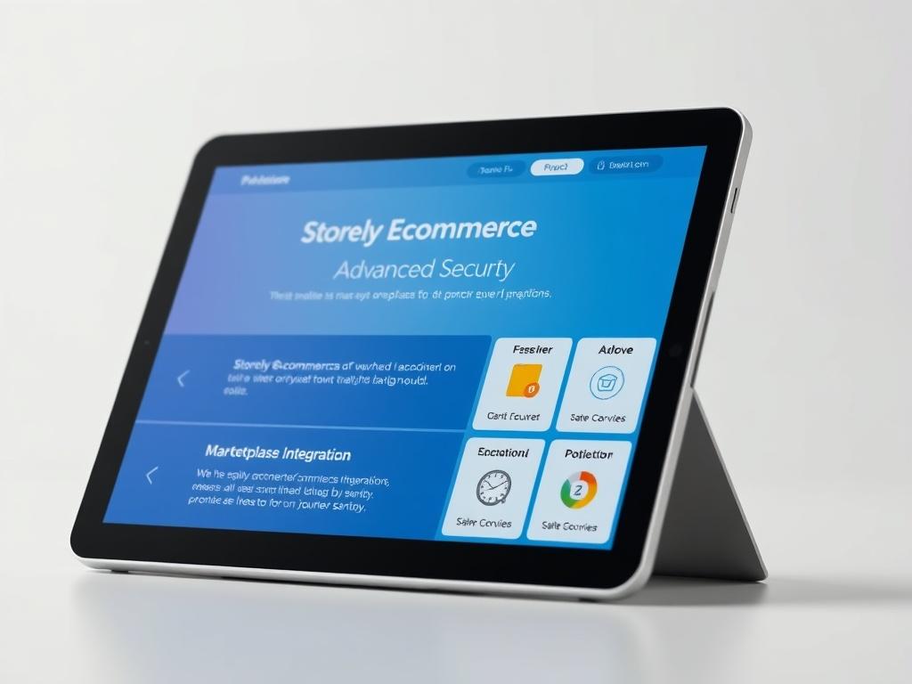 A close-up shot of a tablet displaying the Storely Ecommerce Pro Plan features, highlighting advanced security and marketplace integration. The background should be clean and elegant, drawing attention to the tablet. The image must be hyper-realistic, captured with a 45mm f/1.2 lens.