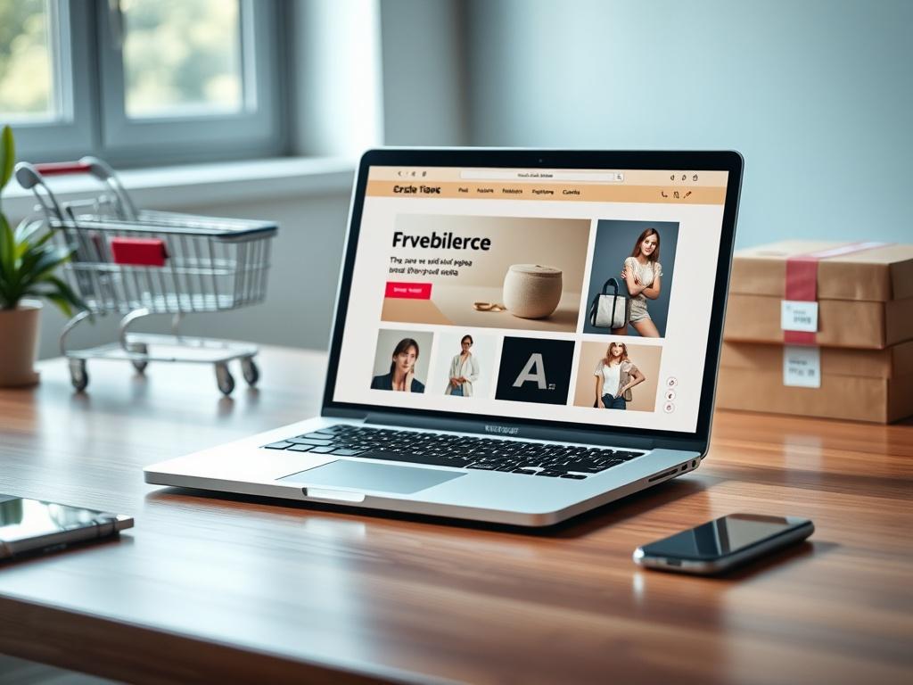 Create a realistic high-resolution photo that captures the essence of the blog titled "Top 5 Ecommerce Trends for 2024." The composition should be simple and clear, featuring a single, eye-catching subject: a sleek, modern laptop displaying an elegant ecommerce website on its screen. The laptop should be positioned slightly off-center on a clean, polished wooden desk to convey a professional and inviting workspace environment. 

In the background, include subtle hints of ecommerce elements, such as a stylis