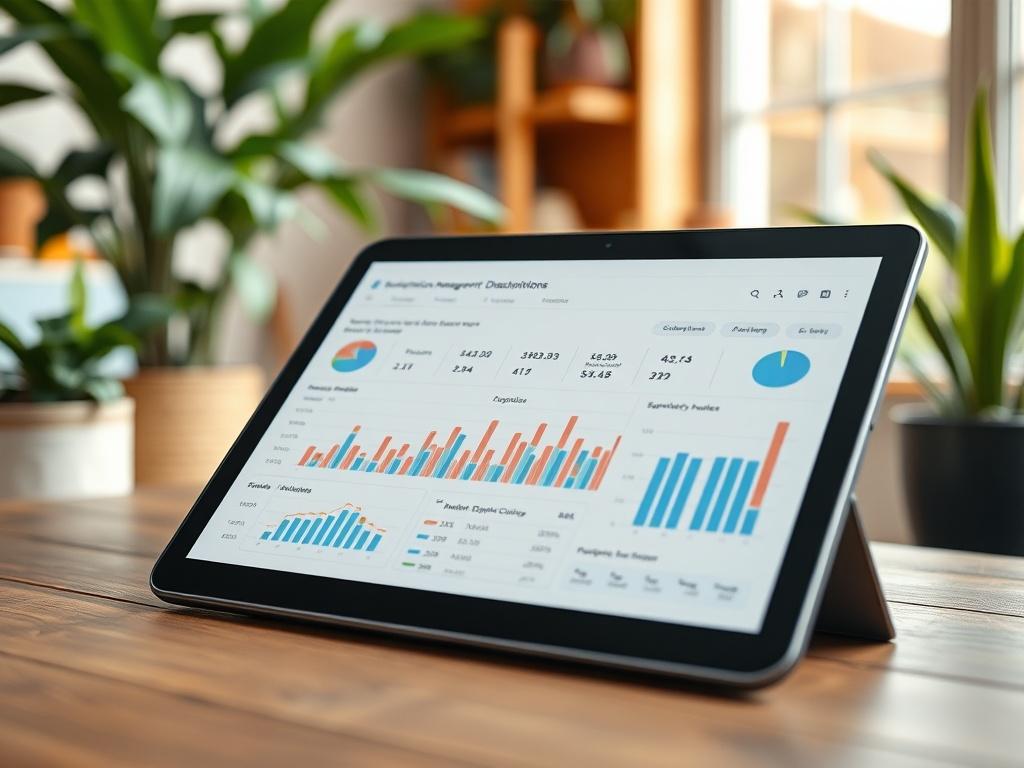A close-up shot of a tablet displaying a subscription management dashboard with graphs and analytics. The background should show a cozy office setting, with plants and natural light, creating a warm and inviting atmosphere. The colors should align with rgb(50, 170, 39).
