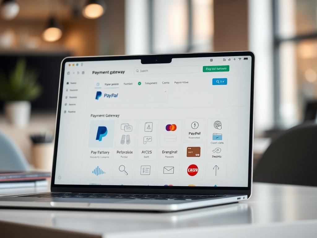 A close-up shot of a laptop screen displaying an ecommerce platform with various payment gateway icons like PayPal, credit cards, and digital wallets. The background is a blurred workspace with soft lighting, emphasizing a professional and modern environment. The colors should align with rgb(50, 170, 39).