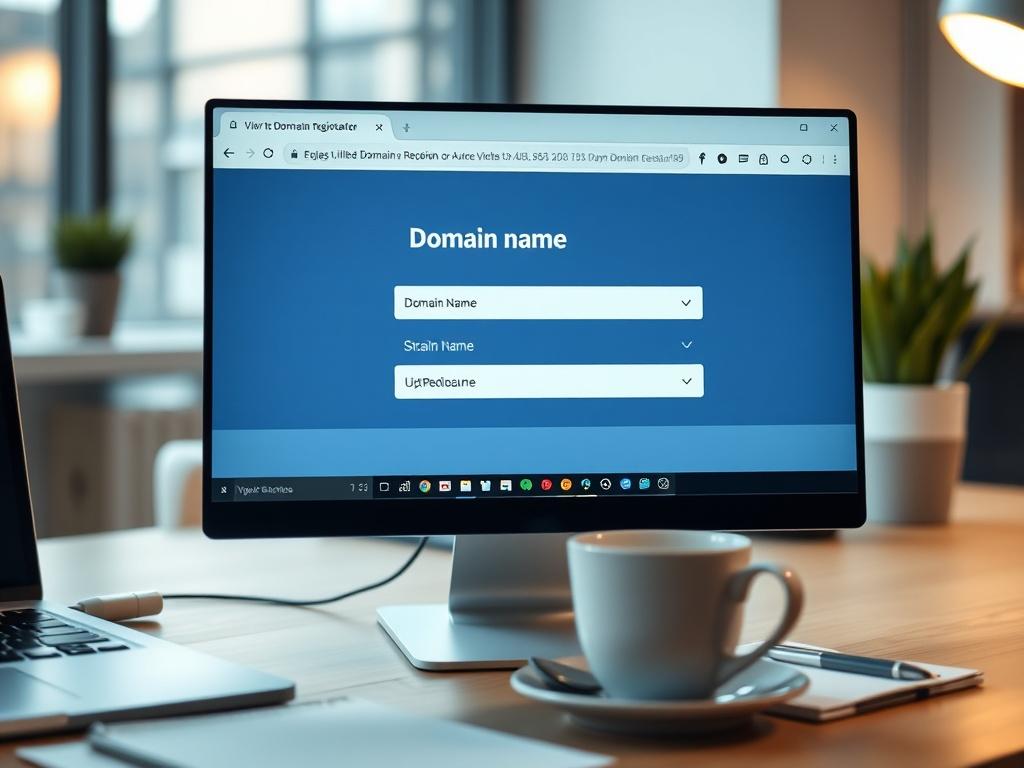 A close-up shot of a computer screen showing a domain registration page with various domain name options. The background features a modern workspace with a coffee cup and notepad, creating a productive atmosphere. The colors should align with rgb(50, 170, 39).