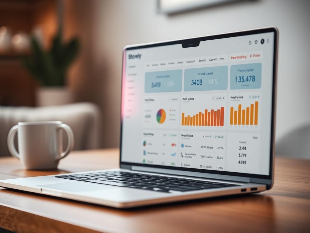 A high-resolution close-up shot showcasing a laptop screen displaying the Storely ecommerce dashboard. The screen should highlight key features like product listings, analytics graphs, and a user-friendly interface. The background should be simple and uncluttered, focusing on the laptop, with a warm, inviting ambiance. The color theme should incorporate shades of rgb(50, 170, 39) to align with the brand.