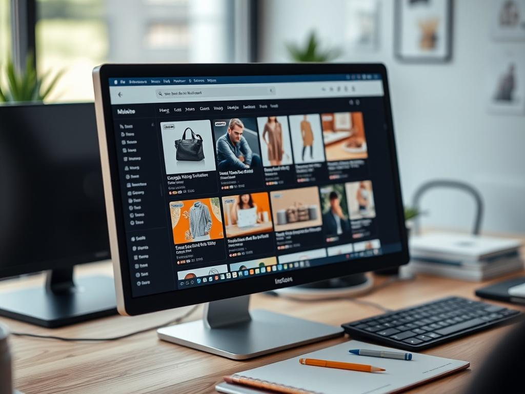 A close-up shot of a computer screen displaying a well-organized product listing interface for an e-commerce platform. The screen shows various product details like images, descriptions, and prices. The background is a workspace with a blurred out keyboard and notepad, providing a professional yet inviting atmosphere.