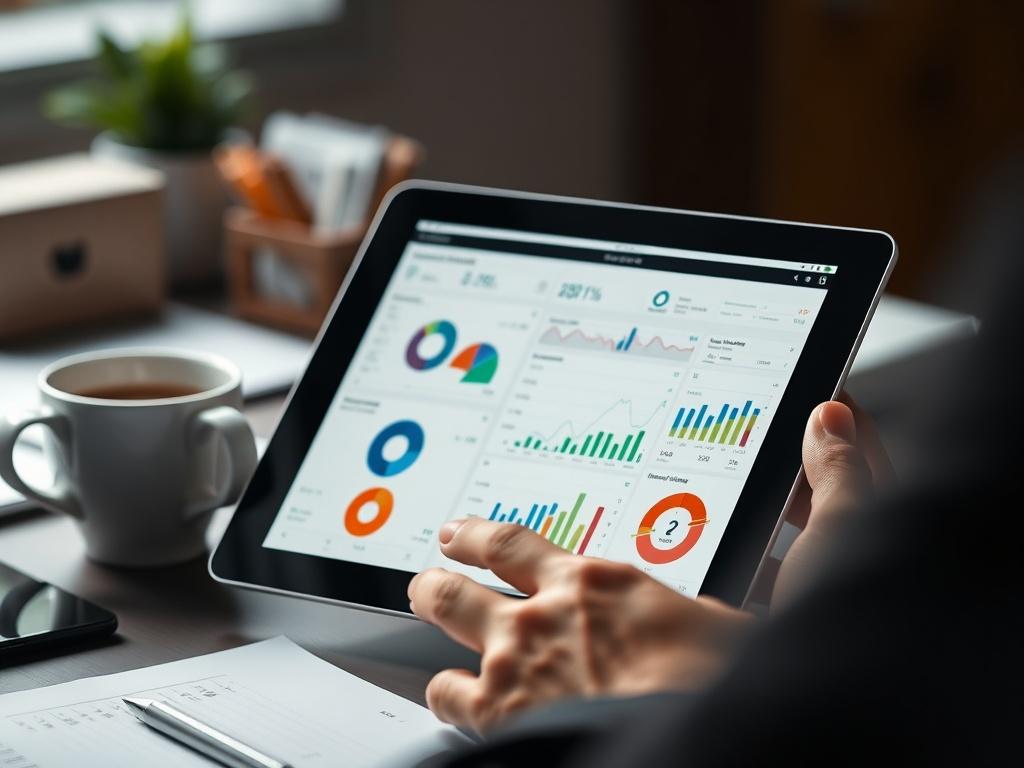 A close-up shot of a person analyzing performance metrics on a tablet, with graphs and charts displayed on the screen. The background is a workspace with a coffee cup, conveying a productive atmosphere.