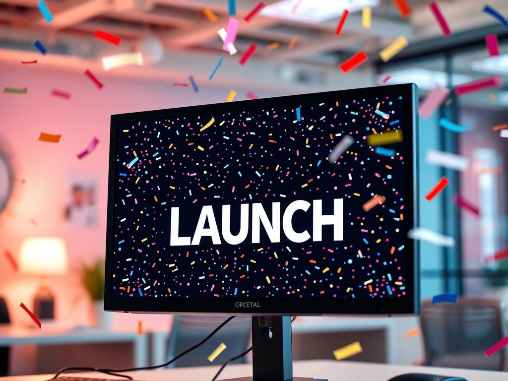 A close-up shot of a celebratory launch screen on a computer monitor with confetti in the background. The setting is a bright and vibrant office space, symbolizing excitement and success. The primary color is rgb(50, 170, 39).