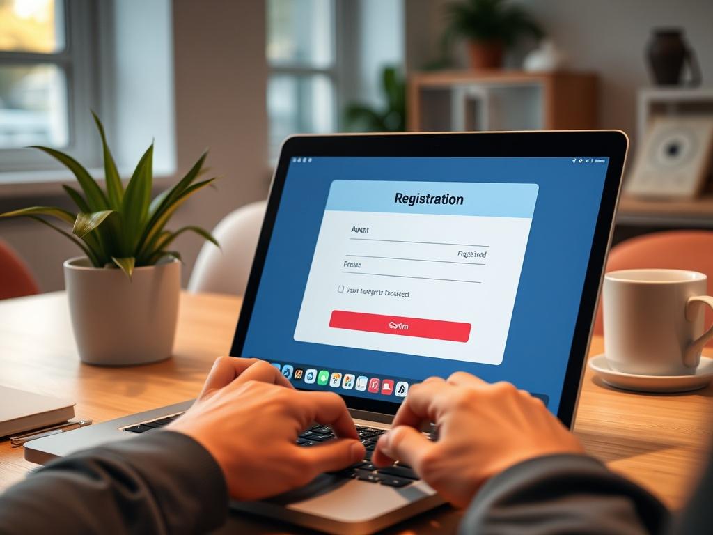 A close-up shot of a laptop screen displaying a user registration form for an e-commerce platform, with a user typing on the keyboard. The background is a modern workspace with soft lighting, featuring a potted plant and a coffee cup. The primary color is rgb(50, 170, 39).