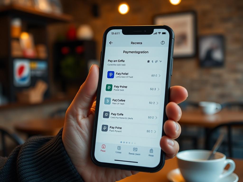 A close-up shot of a smartphone displaying a payment integration screen with various payment options. The background is a cozy coffee shop setting, enhancing the casual online shopping experience. The primary color is rgb(50, 170, 39).