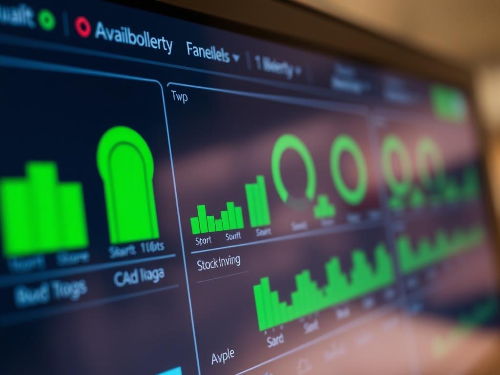 A close-up shot of a dashboard displaying real-time inventory levels across different sales channels. The dashboard shows green indicators for stock availability, creating a sense of reliability and efficiency.