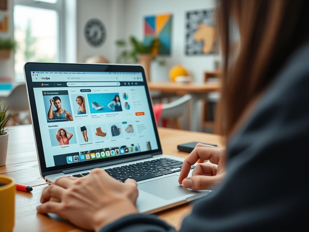 A close-up shot of a person customizing an online store layout on a laptop, showing product images and design tools. The background is a bright, inviting workspace with colorful design elements. The primary color is rgb(50, 170, 39).