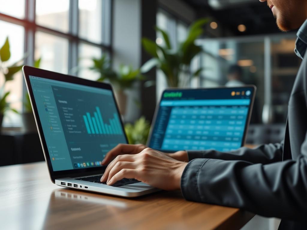 A hyper-realistic close-up shot of a business person using a laptop to connect with suppliers online, showing order fulfillment data on the screen. The background features a modern office environment, with greenery to reflect growth.