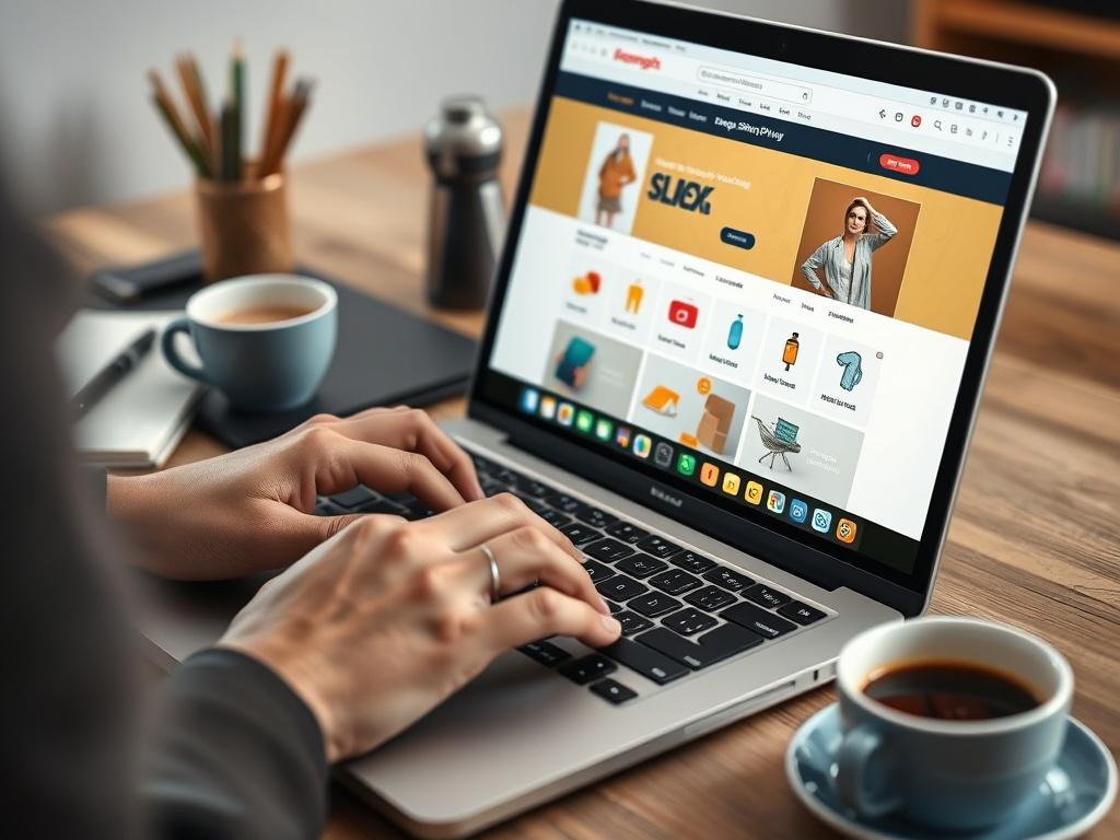 A hyper-realistic close-up shot of a person customizing a dropshipping e-commerce website on a laptop, with product listings on the screen. The background features a workspace with a notepad and coffee.