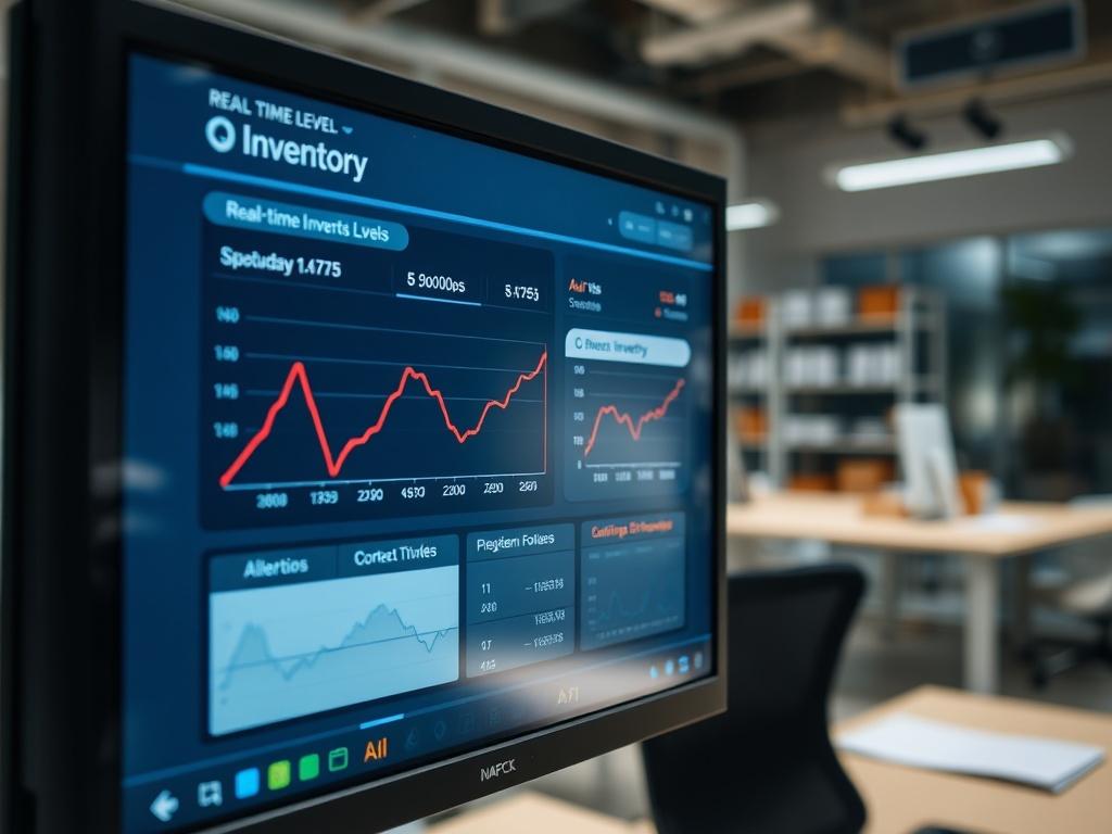 A hyper-realistic close-up shot of a computer screen showing real-time inventory levels and alerts. The background features a bright and organized office space.