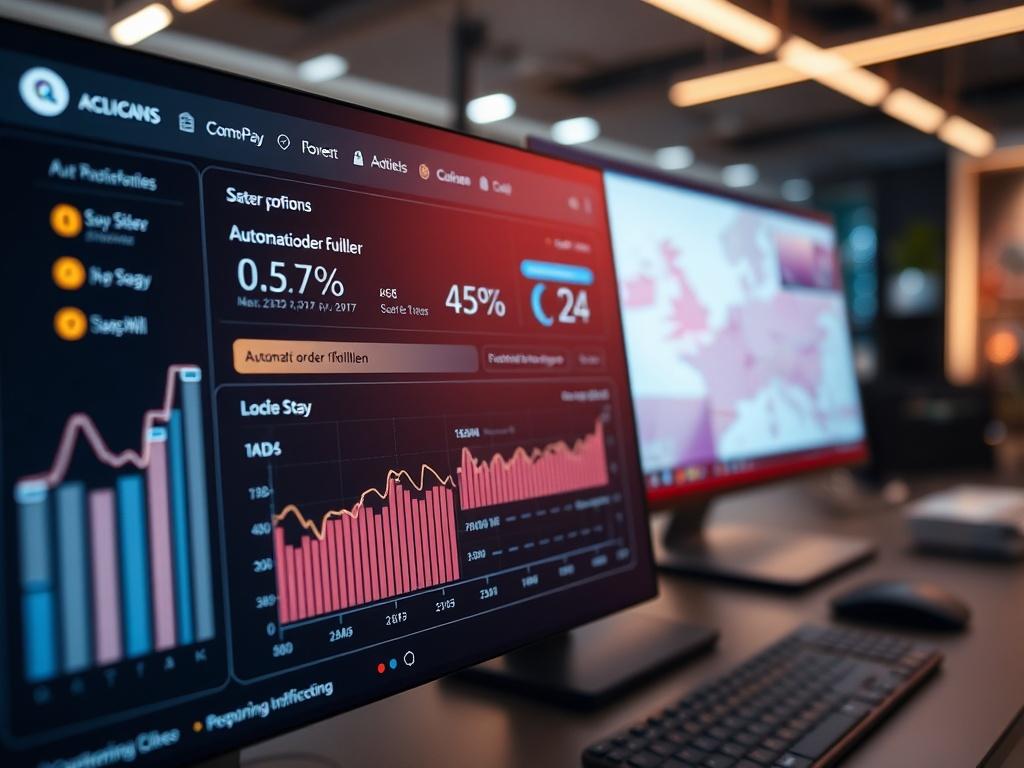 A hyper-realistic close-up shot of an e-commerce dashboard displaying automatic order fulfillment metrics and notifications. The background is a sleek, modern tech workspace.
