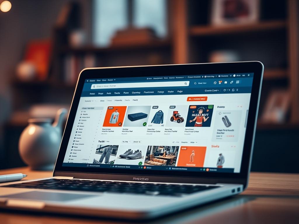 A close-up shot of a laptop screen displaying the inventory setup page of storely ecommerce. The interface shows various product listings with images and details. The background is blurred, focusing on the screen, with a warm ambient light.