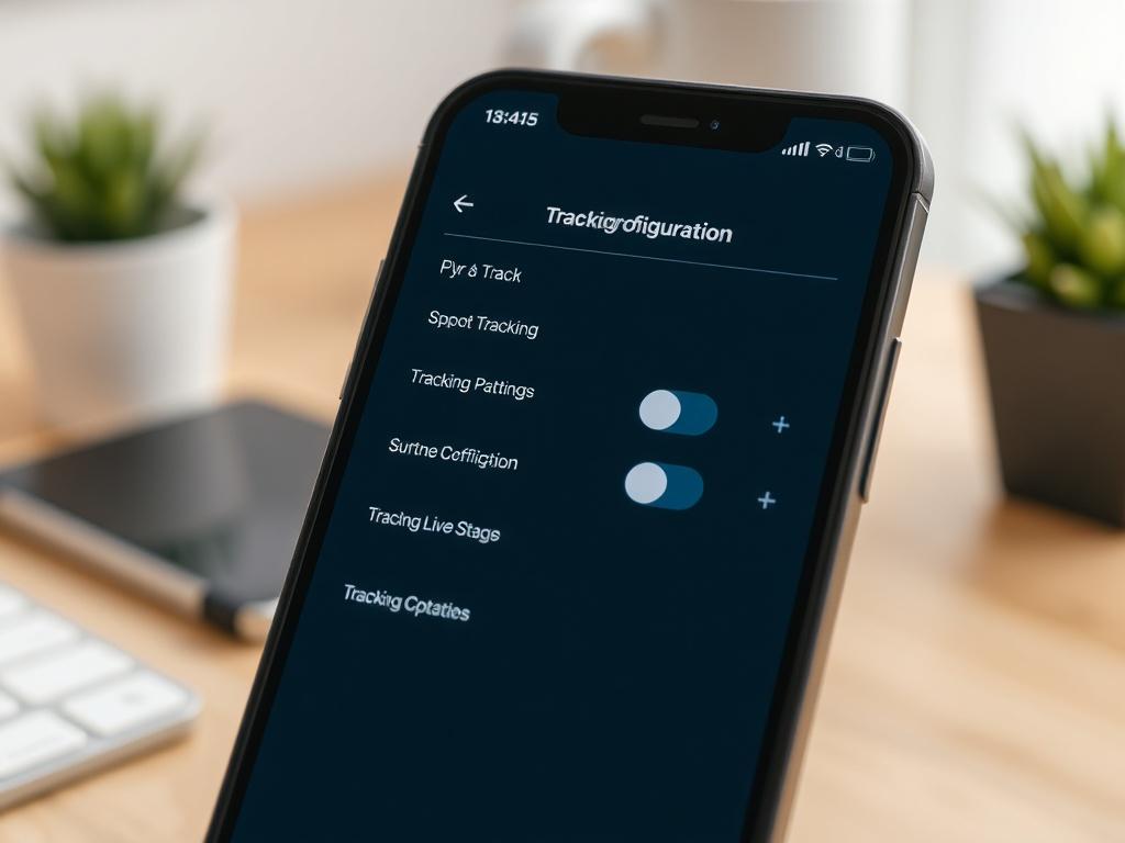 A close-up shot of a smartphone displaying the tracking configuration screen of storely ecommerce. The screen shows toggle switches for various tracking options. The background is softly blurred, emphasizing the phone with a clean, modern desk setup.