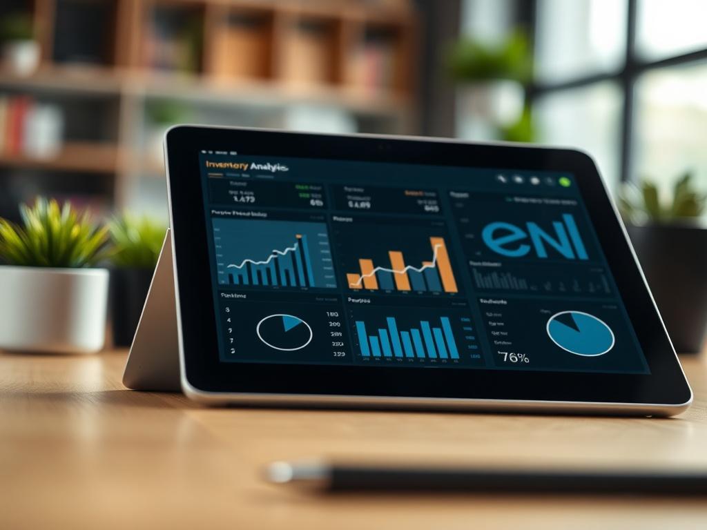 A close-up shot of a tablet displaying inventory analytics reports on storely ecommerce. The screen shows charts and graphs illustrating sales performance. The background is softly blurred, highlighting the tablet in a modern workspace.