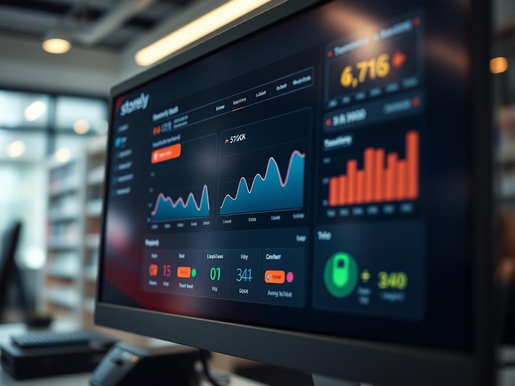 A close-up shot of a computer monitor displaying a dashboard with real-time inventory updates on storely ecommerce. The screen shows graphs and alerts for low stock. The background is blurred, focusing on the screen and creating a professional atmosphere.
