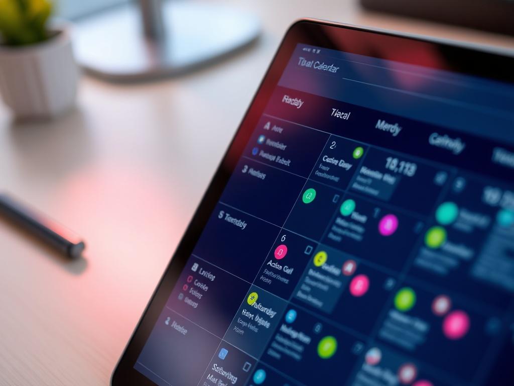 A close-up shot of a calendar app on a digital device, highlighting scheduled updates with colorful markers. The background should have a sleek and modern workspace vibe.